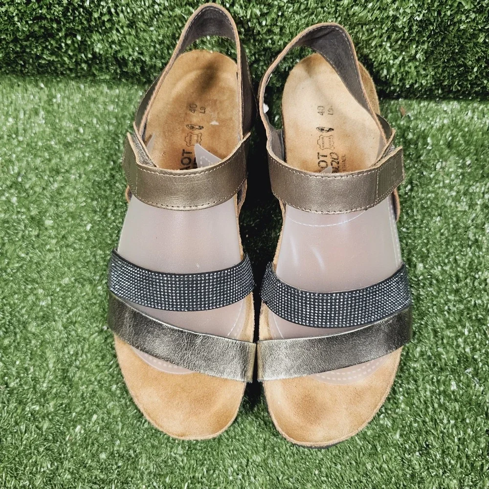 Naot Krista Gold Pewter Leather Embellished Slingback Wedge Sandals Size 40 US 9